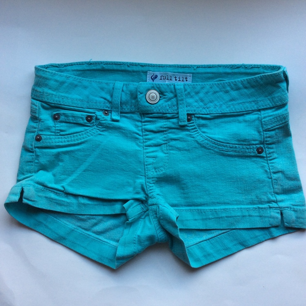 Full Tilt Women's low-rise denim mini Shorts with 5 pockets Teal, SizeXS
